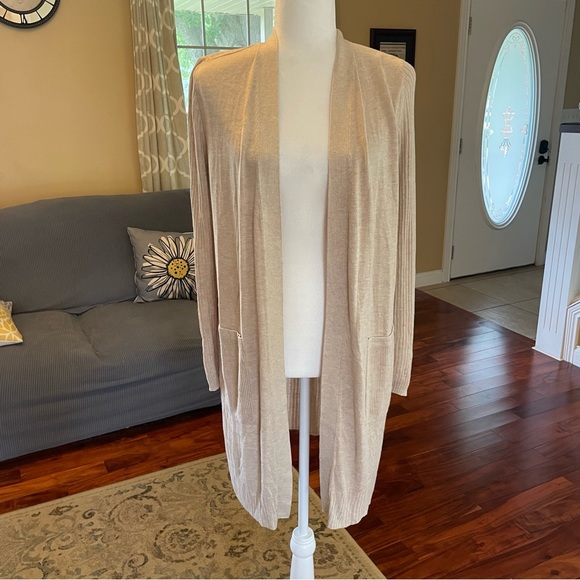 ❌ SOLD INC Ribbed Duster Cardigan, Longline Open Front, Pockets. Oatmeal, Size M - Picture 5 of 10